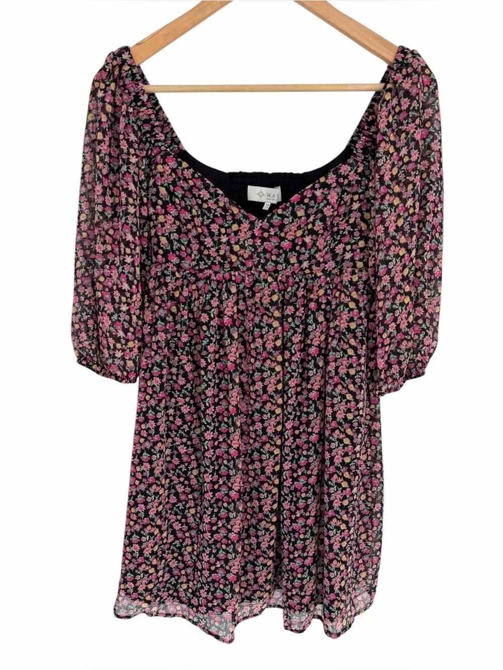 WAYF Ditsy Floral Smock Mini Baby Doll Dress Black - XS
